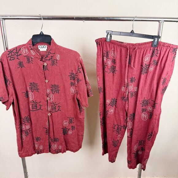 Clio Tops - Vintage Lagenlook Artsy Clio Oriental Asian Red Linen Set Medium